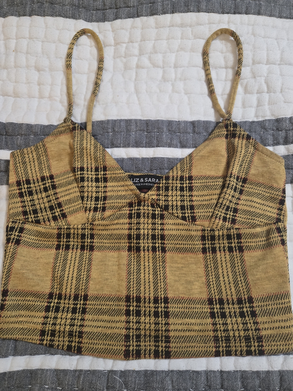 LIZ & SARA Mustard Plaid Spaghetti Strap Crop Top